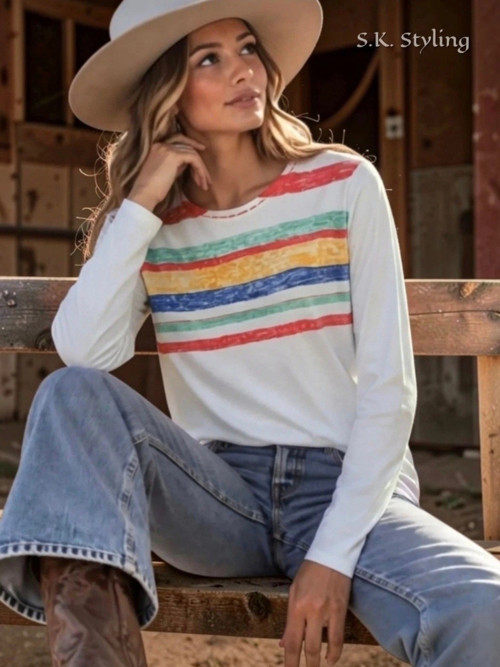 Time and Tru Long Sleeve Top White with Multicolor Painterly Brush Strokes Large